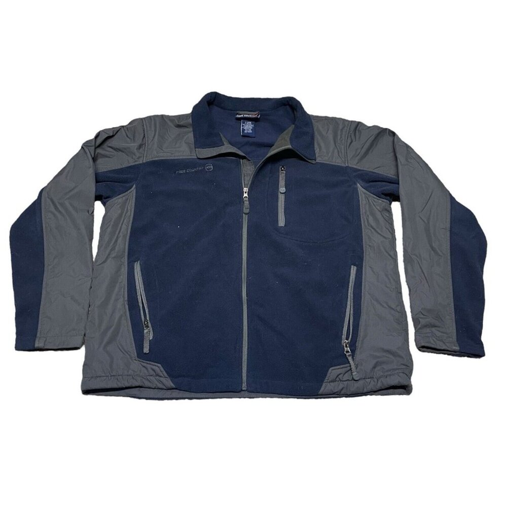 Free Country Men Navy Blue Gray Coat Fleece Zip Up Jacket Size XL Pockets Fleece
